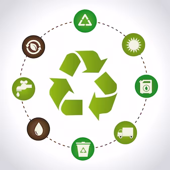 Símbolo da reciclagem com coisas que representam a sustentabilidade a sua volta.